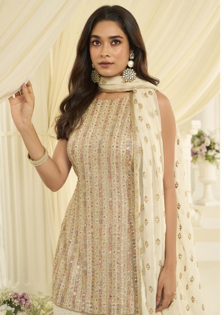 White Embroidered Georgette Kurta Set - Indya