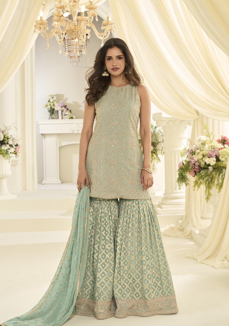 Sea Green Embroidered Georgette Kurta Set - Indya