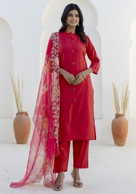 Rani Pink Embroidered Silk Kurta Set