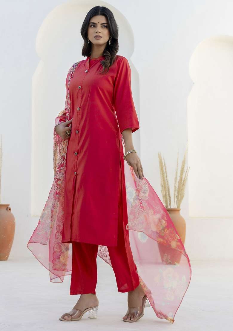 Rani Pink Embroidered Silk Kurta Set - Indya