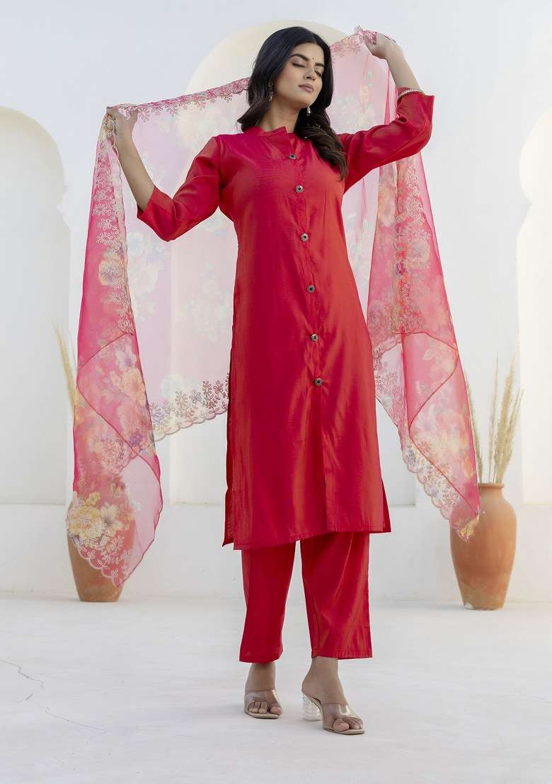 Rani Pink Embroidered Silk Kurta Set - Indya