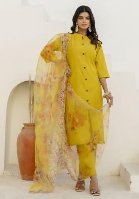 Yellow Embroidered Silk Kurta Set