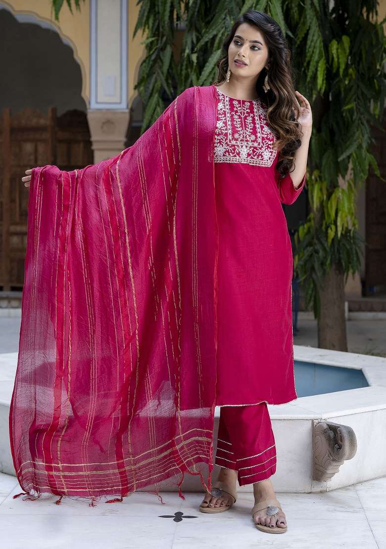 Pink Embroidered Chinon Kurta Set - Indya