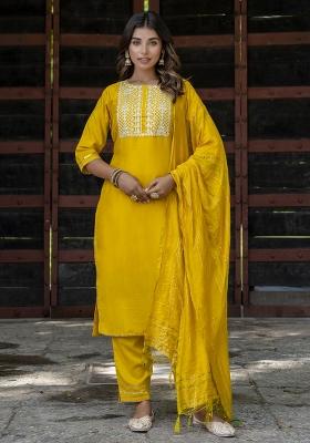 Yellow Embroidered Chinon Kurta Set