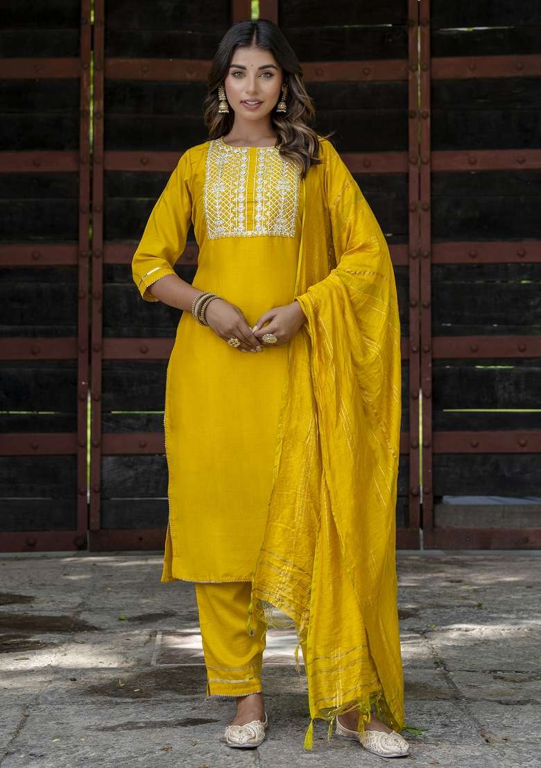 Yellow Embroidered Chinon Kurta Set - Indya