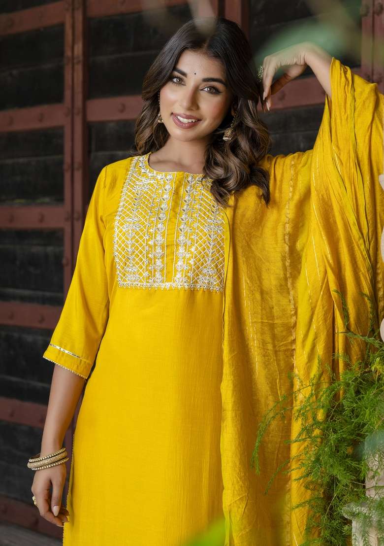 Yellow Embroidered Chinon Kurta Set - Indya