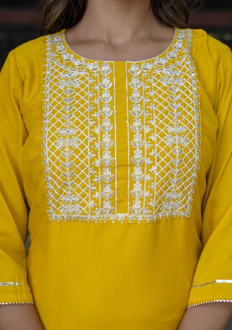 Yellow Embroidered Chinon Kurta Set - Indya