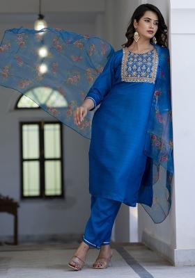 Teal Embroidered Silk Kurta Set