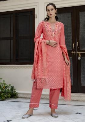Orange Embroidered Silk Kurta Set