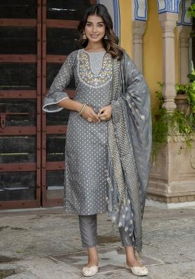 Grey Embroidered Silk Kurta Set