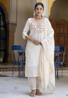 Off White Embroidered Silk Kurta Set
