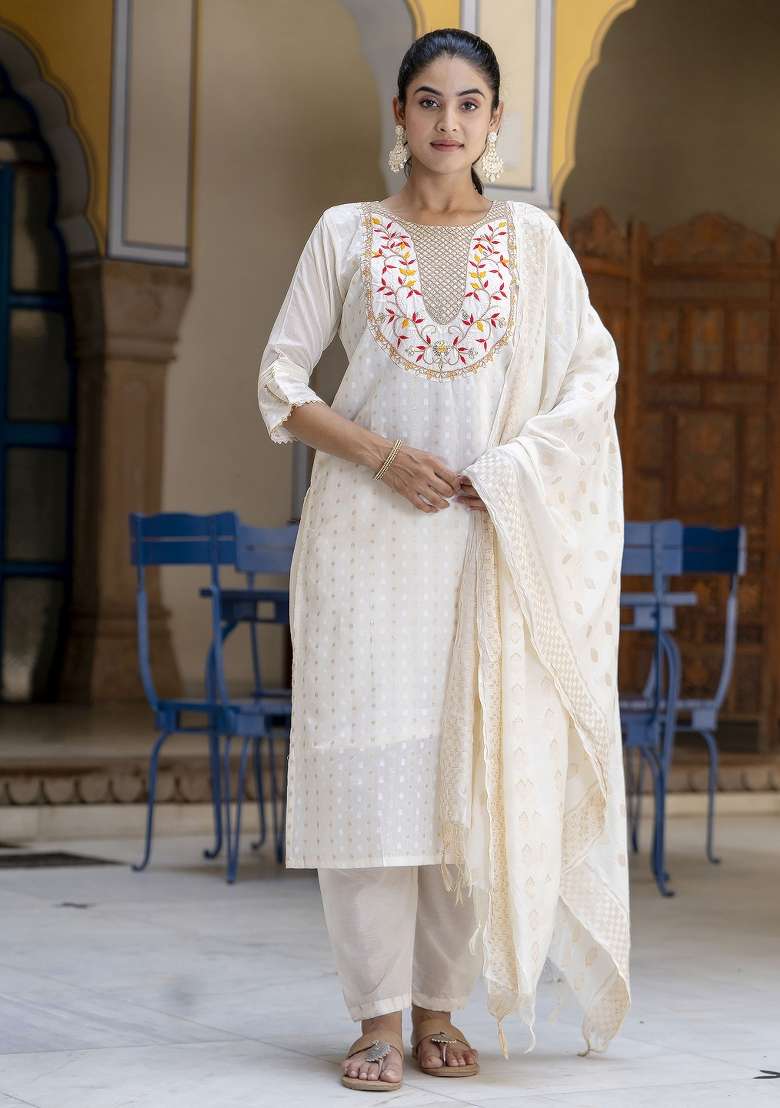 Off White Embroidered Silk Kurta Set - Indya