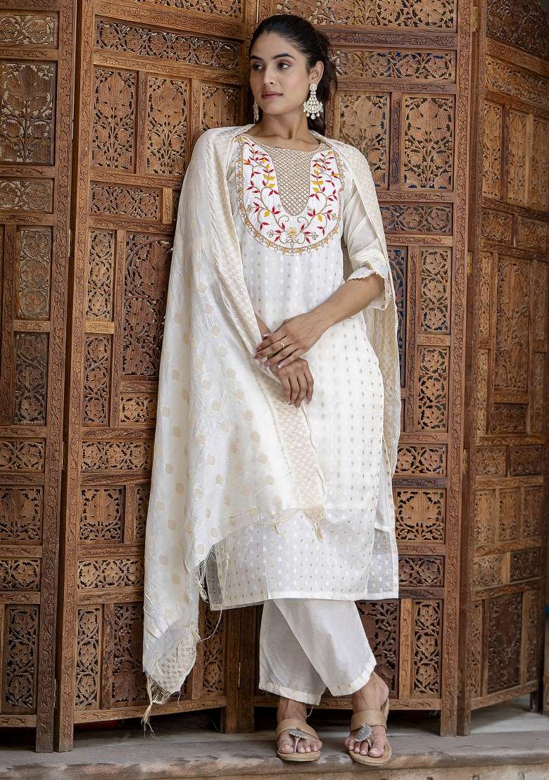 Off White Embroidered Silk Kurta Set - Indya