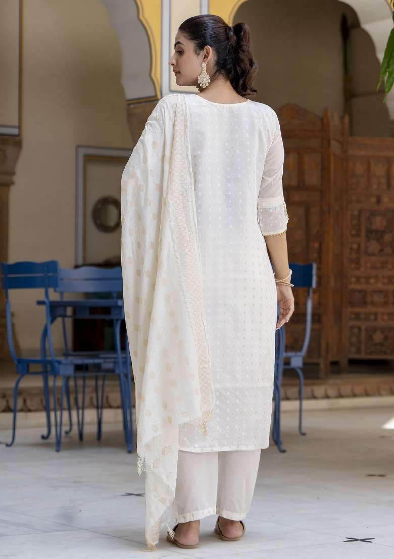 Off White Embroidered Silk Kurta Set - Indya