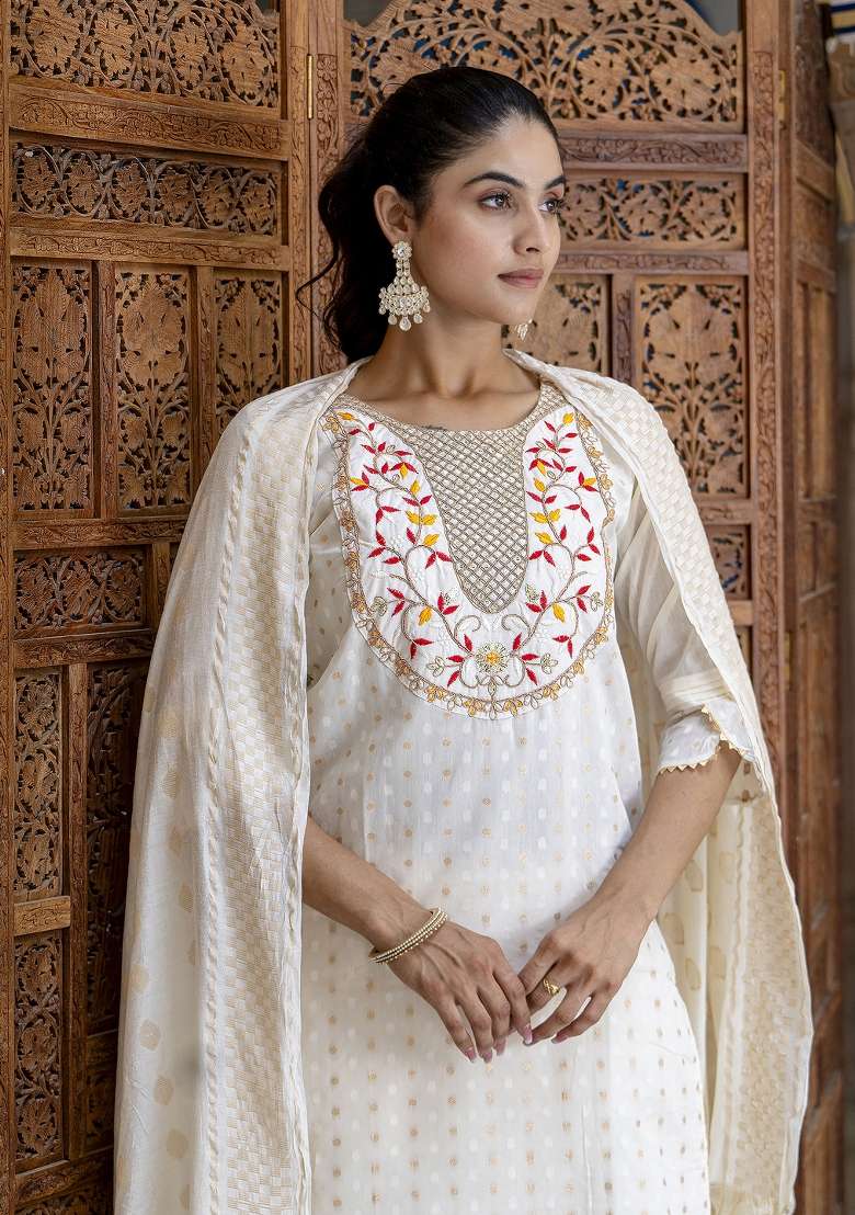 Off White Embroidered Silk Kurta Set - Indya