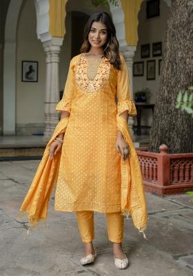 Yellow Embroidered Silk Kurta Set