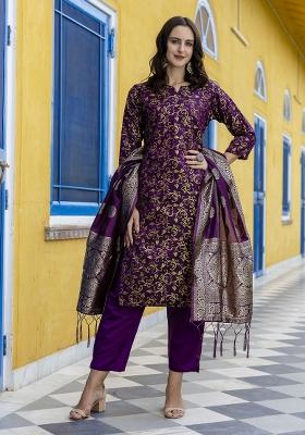 Dark Purple Embroidered Silk Kurta Set