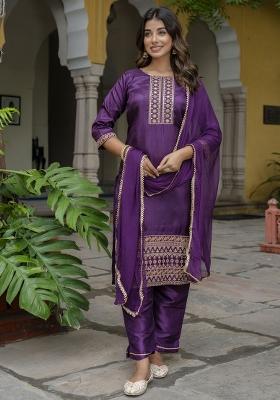 Purple Embroidered Silk Kurta Set