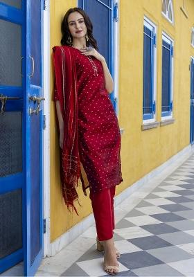 Maroon Embroidered Silk Kurta Set