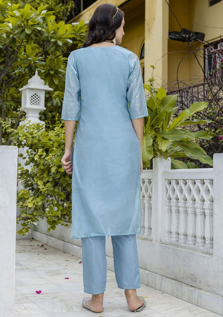 Sky Blue Embroidered Silk Kurta Set - Indya