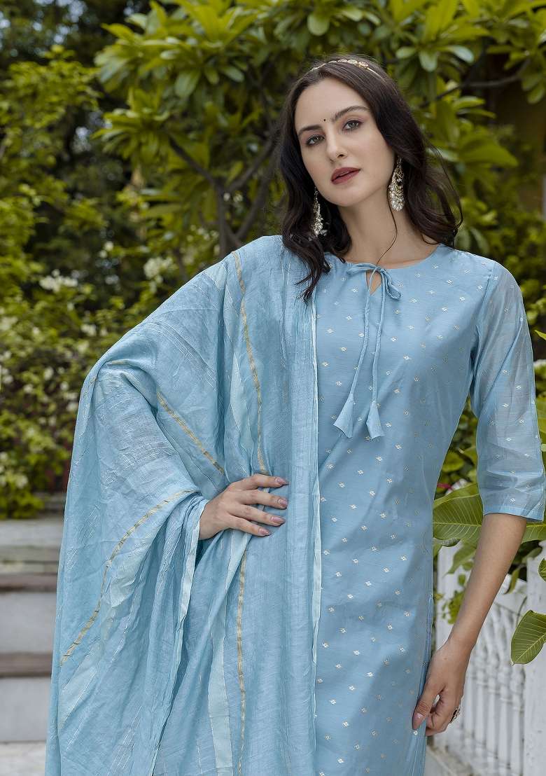 Sky Blue Embroidered Silk Kurta Set - Indya
