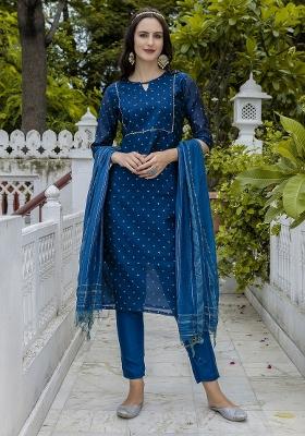 Teal Embroidered Silk Kurta Set