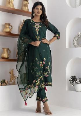 Green Embroidered Silk Kurta Set
