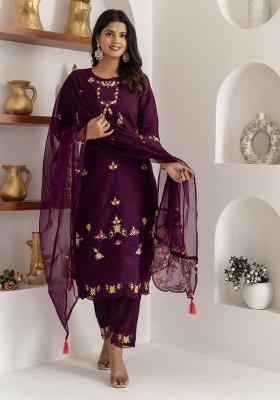Wine Embroidered Silk Kurta Set