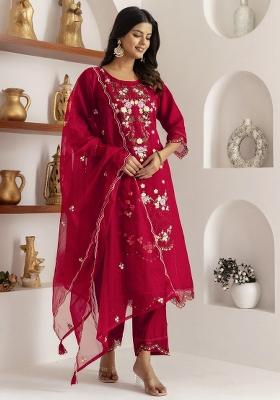 Red Embroidered Silk Kurta Set
