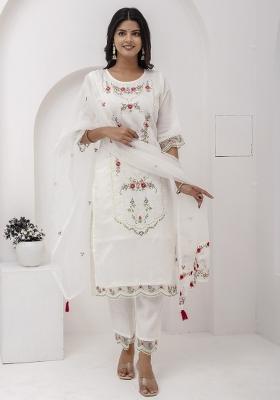 White Embroidered Silk Kurta Set