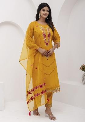 Yellow Embroidered Silk Kurta Set
