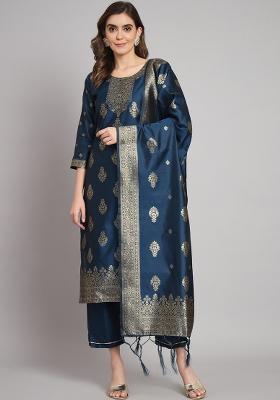 Navy Blue Embroidered Jacquard Kurta Set
