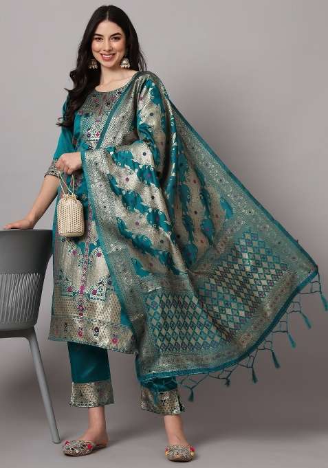Royal Blue Embroidered Jacquard Kurta Set