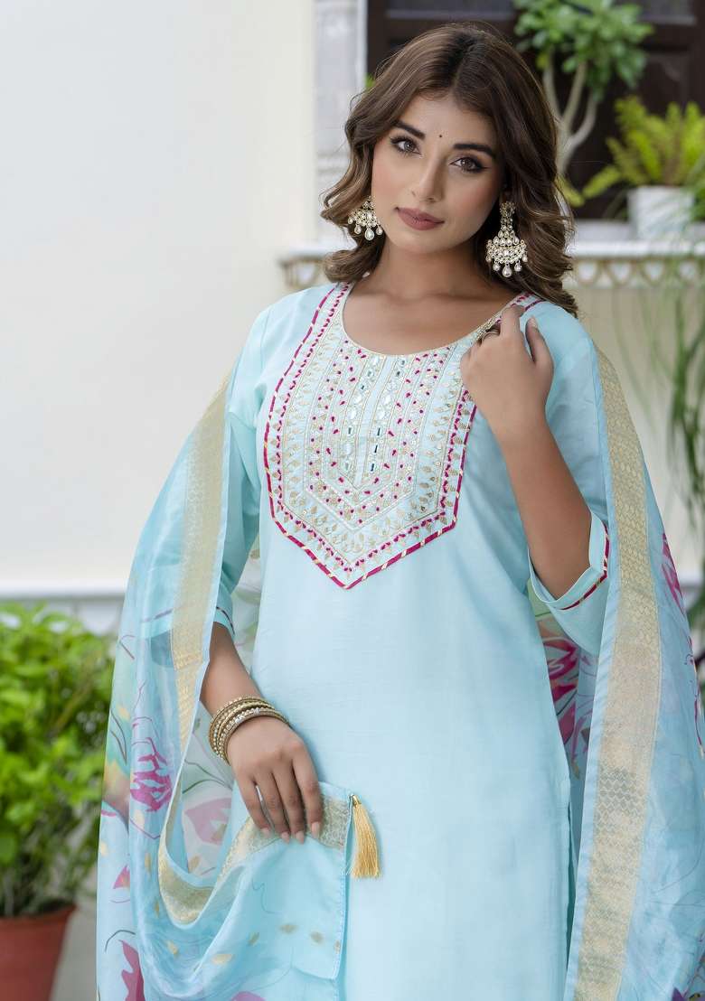 Sky Blue Embroidered Silk Kurta Set - Indya