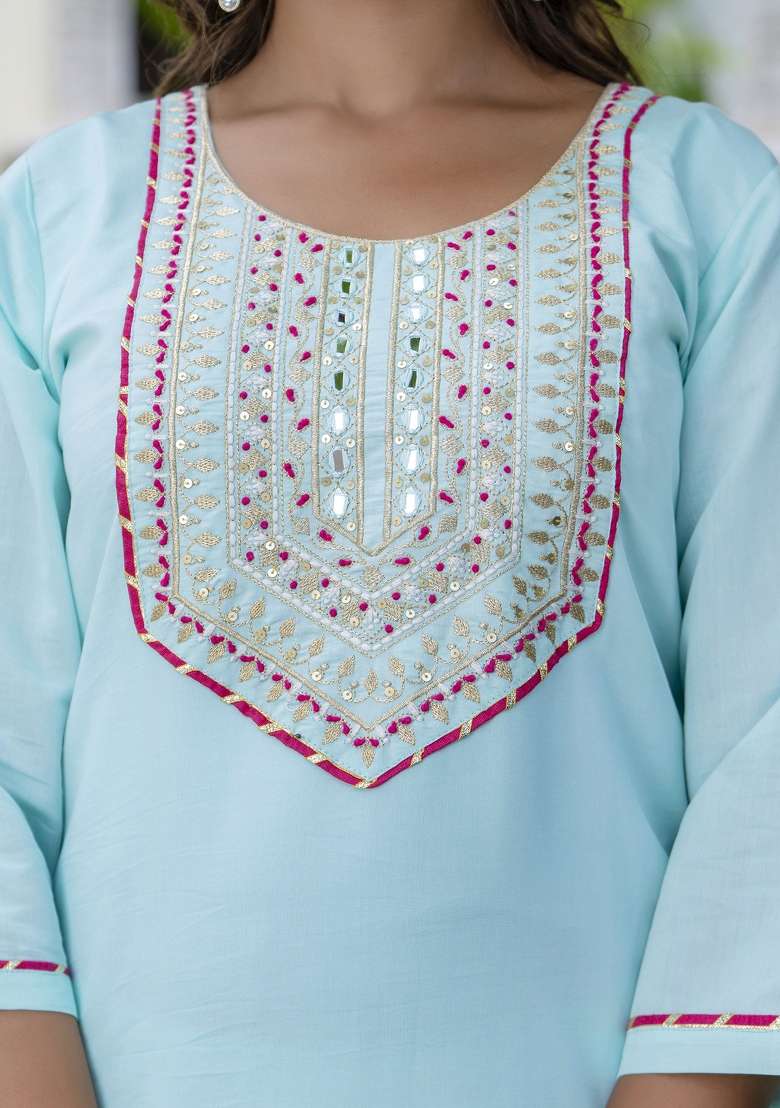 Sky Blue Embroidered Silk Kurta Set - Indya