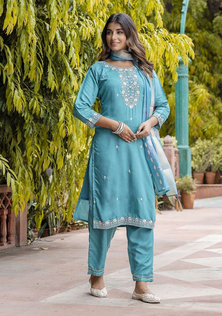 Blue Embroidered Viscose Kurta Set - Indya