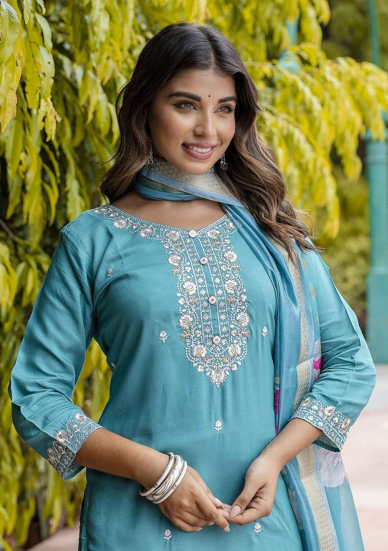 Blue Embroidered Viscose Kurta Set - Indya