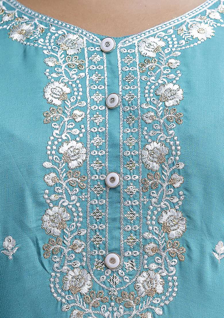 Blue Embroidered Viscose Kurta Set - Indya