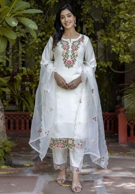 White Embroidered Silk Kurta Set