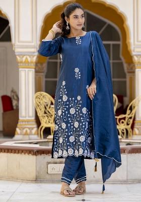Teal Embroidered Silk Kurta Set