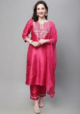 Pink Embroidered Silk Kurta Set