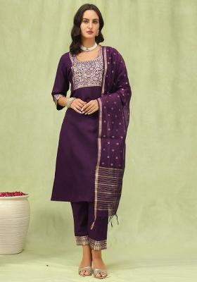 Purple Embroidered Cotton Kurta Set
