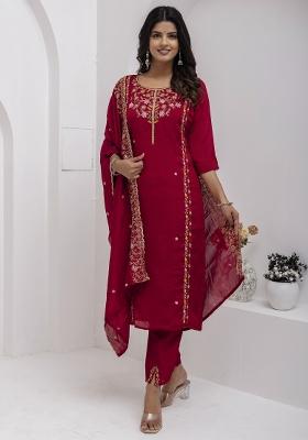 Maroon Embroidered Silk Kurta Set