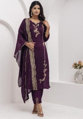 Wine Embroidered Silk Kurta Set