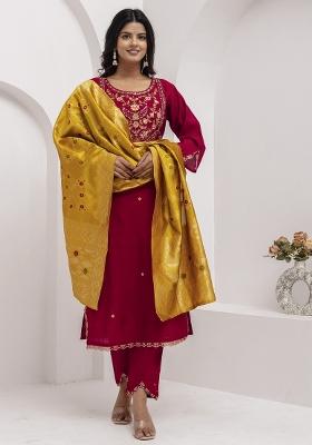 Maroon Embroidered Silk Kurta Set