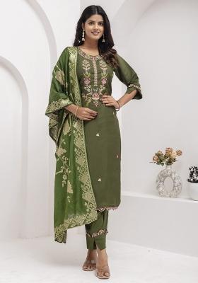Mehendi Embroidered Silk Kurta Set
