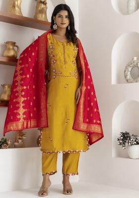 Yellow Embroidered Silk Kurta Set