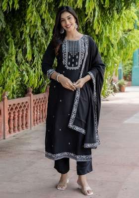 Black Embroidered Viscose Kurta Set