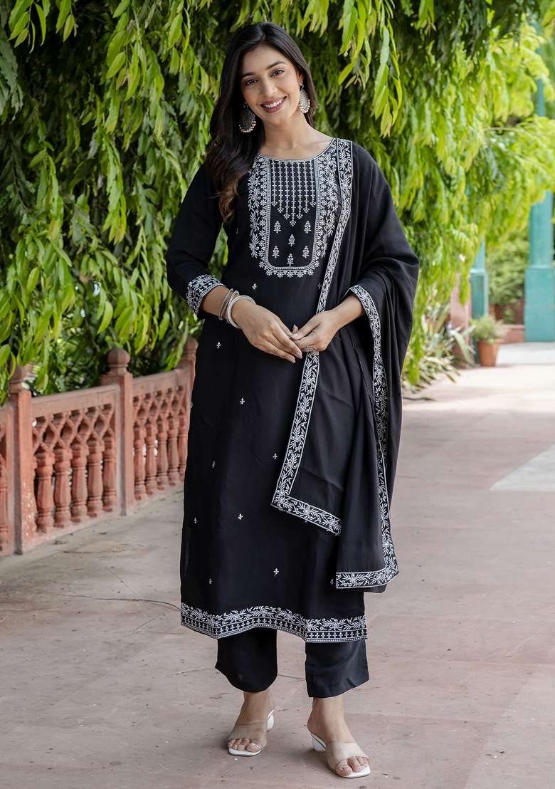Black Embroidered Viscose Kurta Set - Indya
