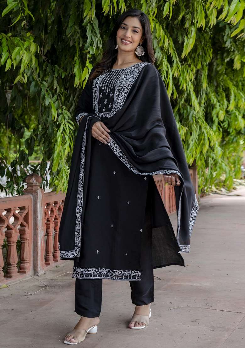 Black Embroidered Viscose Kurta Set - Indya